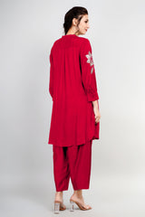 Red Cotton Silk Zari Embroidered Indo-Western Set- Set of 2