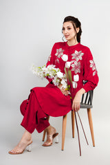 Red Cotton Silk Zari Embroidered Indo-Western Set- Set of 2