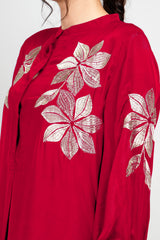 Red Cotton Silk Zari Embroidered Indo-Western Set- Set of 2