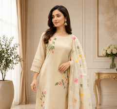 Premium Organic Beige Embroidered Kurta Set- Set of 3