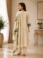 Premium Organic Beige Black Embroidered A-Line Kurta Set- Set of 3