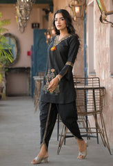 Black Cotton Embroidered Tulip Co-ord Set- Set of 2
