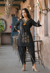 Black Cotton Embroidered Tulip Co-ord Set- Set of 2