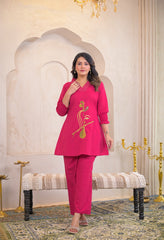 Pink Cotton Embroidered Co-ord Set- Set of 2