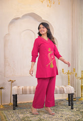 Pink Cotton Embroidered Co-ord Set- Set of 2
