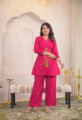 Pink Cotton Embroidered Co-ord Set- Set of 2