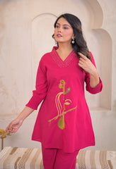 Pink Cotton Embroidered Co-ord Set- Set of 2