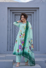 Green Pure Mul Cotton Brush Paint Suit- Set of 3