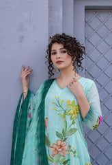 Green Pure Mul Cotton Brush Paint Suit- Set of 3