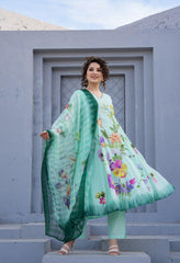 Green Pure Mul Cotton Brush Paint Suit- Set of 3