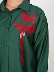 Bottle Green Silk Sequin Embroidered shirt