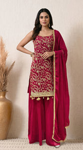 Magenta Sequin Zari Embroidered Georgette Sharara Suit- Set of 3 (Sleeves Fabric Included)