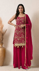 Magenta Sequin Zari Embroidered Georgette Sharara Suit- Set of 3 (Sleeves Fabric Included)
