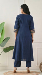 Blue Cotton Anarkali Suit with Ajrakh Print Dupatta- Set of 3