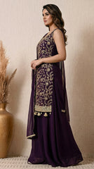 Purple Sequin Zari Embroidered Georgette Sharara Suit- Set of 3 (Sleeves Fabric Included)
