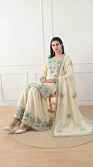 Cream & Teal Floral Embroidered Sharara Suit- Set of 3