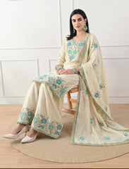Cream & Teal Floral Embroidered Sharara Suit- Set of 3