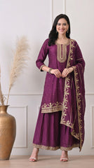 Deep Wine Zari Embroidered Silk Sharara Set- Set of 3