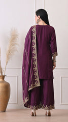 Deep Wine Zari Embroidered Silk Sharara Set- Set of 3