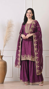 Deep Wine Zari Embroidered Silk Sharara Set- Set of 3