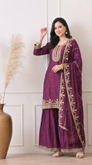 Deep Wine Zari Embroidered Silk Sharara Set- Set of 3
