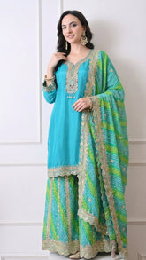 Teal & Green Bandhani Crepe Embroidered Sharara Set- Set of 3