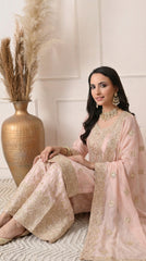 Pastel Pink Premium Silk Embroidered Sharara Suit- Set of 3