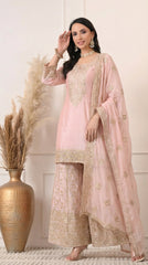 Pastel Pink Premium Silk Embroidered Sharara Suit- Set of 3