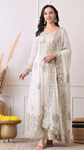 Premium Georgette White Anarkali with Gota Patti & Zari Embroidery- Set of 2
