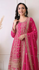Hot Pink Silk Zari Embroidered Anarkali Suit- Set of 2