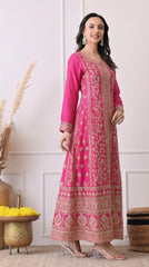 Hot Pink Silk Zari Embroidered Anarkali Suit- Set of 2
