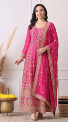 Hot Pink Silk Zari Embroidered Anarkali Suit- Set of 2