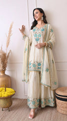 Cream & Teal Floral Embroidered Sharara Suit- Set of 3
