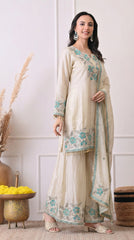 Cream & Teal Floral Embroidered Sharara Suit- Set of 3
