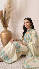 Cream & Teal Floral Embroidered Sharara Suit- Set of 3