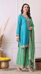 Teal & Green Bandhani Crepe Embroidered Sharara Set- Set of 3