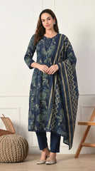 Navy Blue Cotton A-Line Kurta Suit- Set of 3