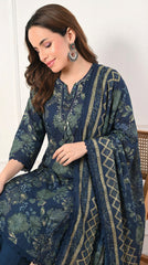 Navy Blue Cotton A-Line Kurta Suit- Set of 3