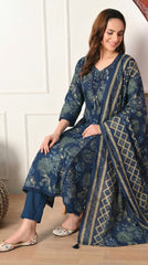 Navy Blue Cotton A-Line Kurta Suit- Set of 3