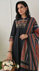 Black Cotton A-Line Suit with Ajrakh Print Dupatta- Set of 3