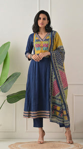 Blue Cotton Anarkali Suit with Ajrakh Print Dupatta- Set of 3