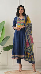Blue Cotton Anarkali Suit with Ajrakh Print Dupatta- Set of 3