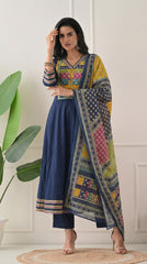 Blue Cotton Anarkali Suit with Ajrakh Print Dupatta- Set of 3