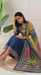 Blue Cotton Anarkali Suit with Ajrakh Print Dupatta- Set of 3