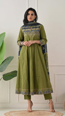 Green Cotton A-Line Suit with Ajrakh Print Dupatta- Set of 3