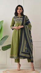 Green Cotton A-Line Suit with Ajrakh Print Dupatta- Set of 3
