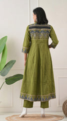 Green Cotton A-Line Suit with Ajrakh Print Dupatta- Set of 3