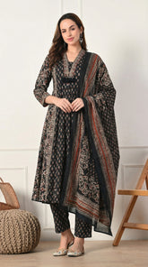 Black Ajrakh Print Cotton A-Line Suit- Set of 3