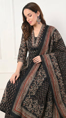 Black Ajrakh Print Cotton A-Line Suit- Set of 3