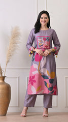 Lavender Muslin Digital Print Kurta Set- Set of 2